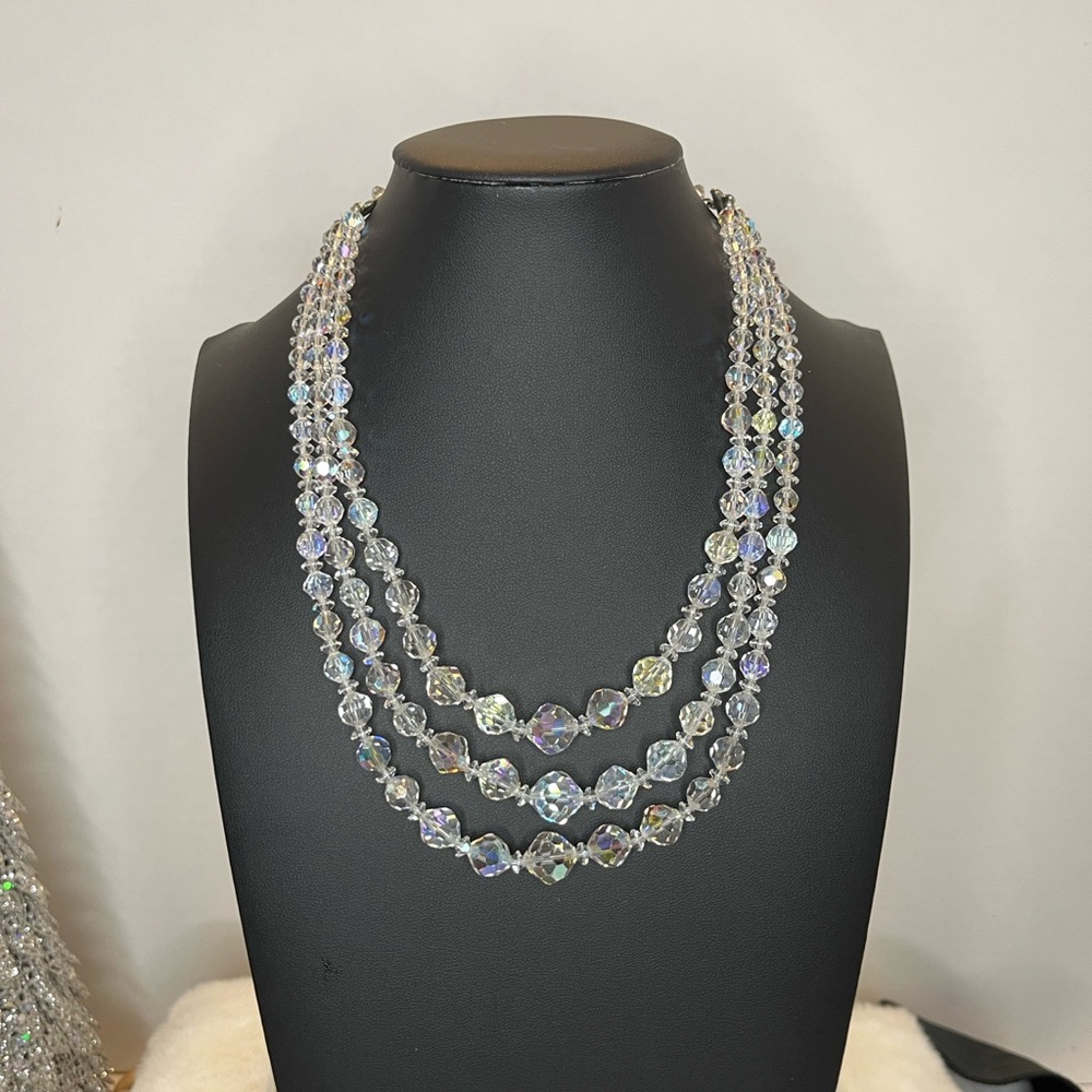 Vintage Aurora Borealis Crystal Three Stand  Necklace